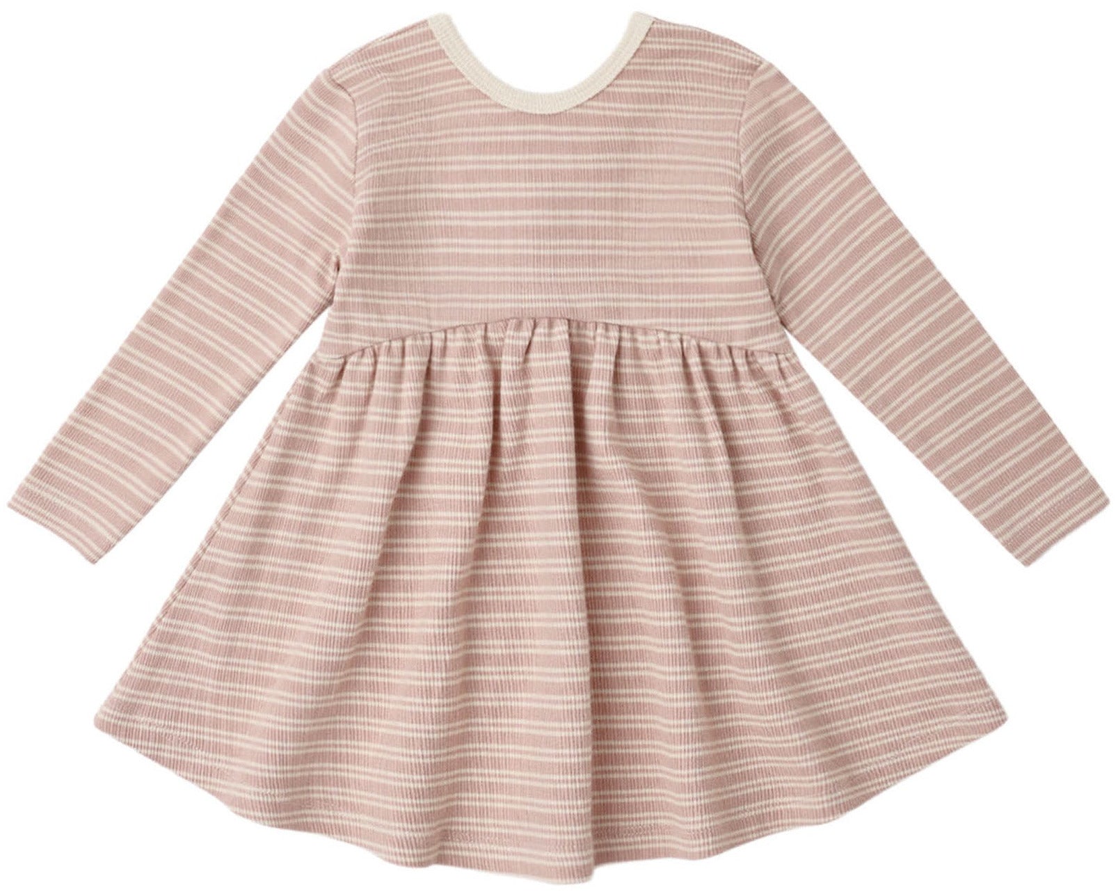 The Quincy Mae Baby Girl’s and Girls’ Ribbed Long Sleeve Dress features pink stripes, a cream collar, gathered waist, flared skirt, and a scoop neckline. The long-sleeve dress is displayed laid flat on a white background.