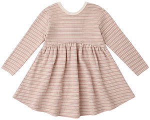 The Quincy Mae Baby Girl’s and Girls’ Ribbed Long Sleeve Dress features pink stripes, a cream collar, gathered waist, flared skirt, and a scoop neckline. The long-sleeve dress is displayed laid flat on a white background.