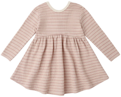 The Quincy Mae Baby Girl’s and Girls’ Ribbed Long Sleeve Dress features pink stripes, a cream collar, gathered waist, flared skirt, and a scoop neckline. The long-sleeve dress is displayed laid flat on a white background.