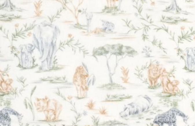 The Timo & Violet Kids' Bathrobe features ultra-soft velour cotton terry with a white background printed with line-drawn African animals—elephants, lions, rhinos, and zebras among trees—perfect for little ones.