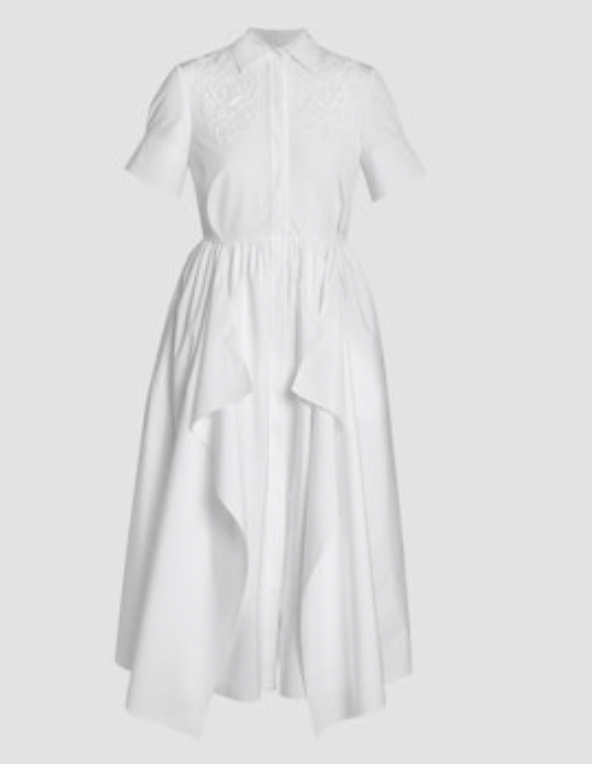 A white Short Sleeve Midi Shirt Dress by Erdem, featuring a collar, button-down front, and voluminous skirt, is shown on a plain background.