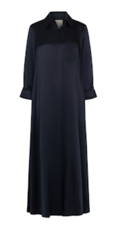 TWP’s Jenny's Silk Gown is a long-sleeved navy maxi shirt dress with a relaxed fit, collared neckline, and button cuffs.