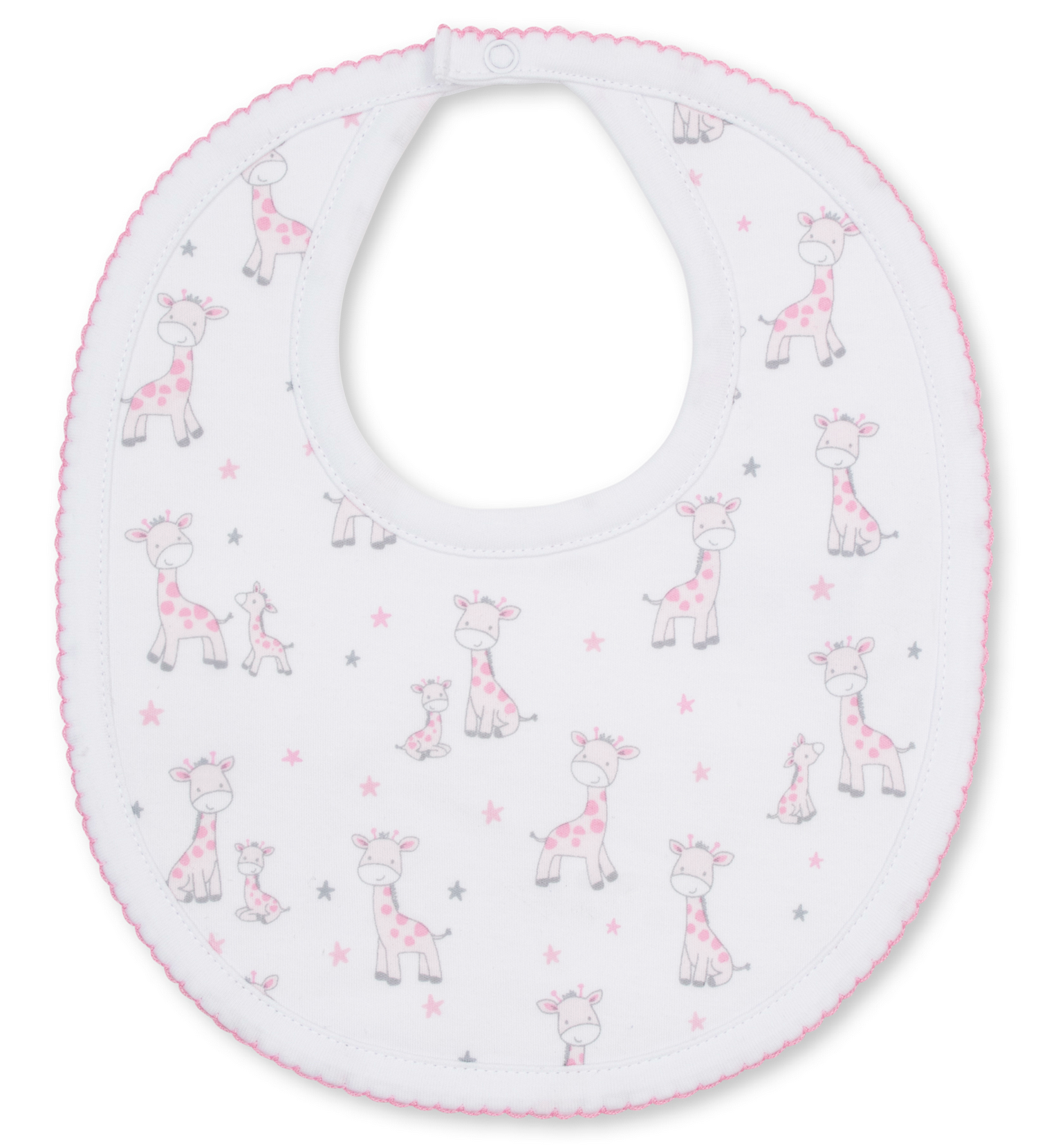 The Just Giraffes Printed Bib by Kissy Kissy features a white base with pink trim, made from soft Pima cotton and adorned with an adorable print of pink and gray giraffes along with delicate small stars—perfect for baby mealtime.