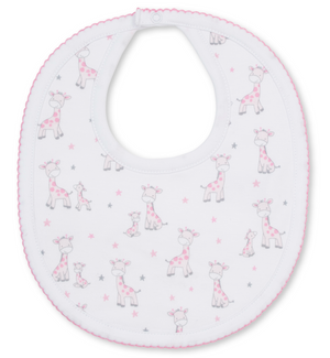 The Just Giraffes Printed Bib by Kissy Kissy features a white base with pink trim, made from soft Pima cotton and adorned with an adorable print of pink and gray giraffes along with delicate small stars—perfect for baby mealtime.