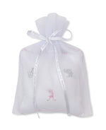 A charming baby gift: the Kissy Kissy SCE Safari Party Musical Pillow, featuring a square pillow embroidered with safari animals—an elephant, a giraffe, and a pink bear—beautifully presented in a white organza gift bag with ribbon tie.