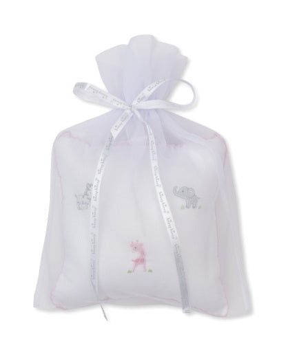 A charming baby gift: the Kissy Kissy SCE Safari Party Musical Pillow, featuring a square pillow embroidered with safari animals—an elephant, a giraffe, and a pink bear—beautifully presented in a white organza gift bag with ribbon tie.