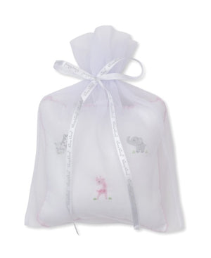 A charming baby gift: the Kissy Kissy SCE Safari Party Musical Pillow, featuring a square pillow embroidered with safari animals—an elephant, a giraffe, and a pink bear—beautifully presented in a white organza gift bag with ribbon tie.
