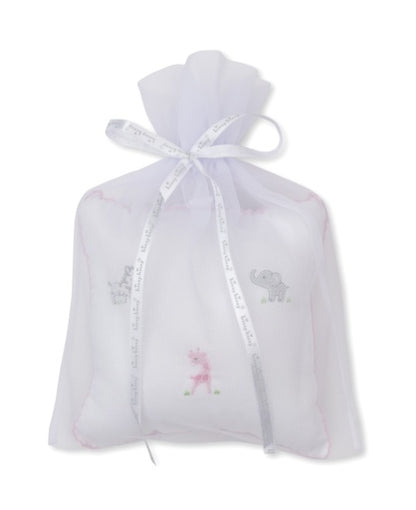 A charming baby gift: the Kissy Kissy SCE Safari Party Musical Pillow, featuring a square pillow embroidered with safari animals—an elephant, a giraffe, and a pink bear—beautifully presented in a white organza gift bag with ribbon tie.