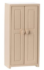 The Maileg Closet - Mouse is a beige wooden cabinet featuring two paneled doors with round knobs, ideal as a miniature wardrobe or a charming addition to your dollhouse furniture collection, displayed against a plain white background.