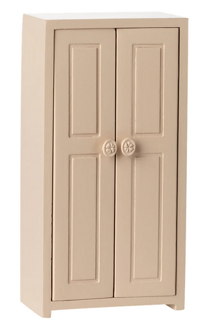 The Maileg Closet - Mouse is a beige wooden cabinet featuring two paneled doors with round knobs, ideal as a miniature wardrobe or a charming addition to your dollhouse furniture collection, displayed against a plain white background.