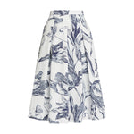 The "Botanical Engraving Pleated Midi Skirt" by Erdem is an ivory cotton poplin A-line skirt adorned with a blue botanical print of large leaves and flowers.