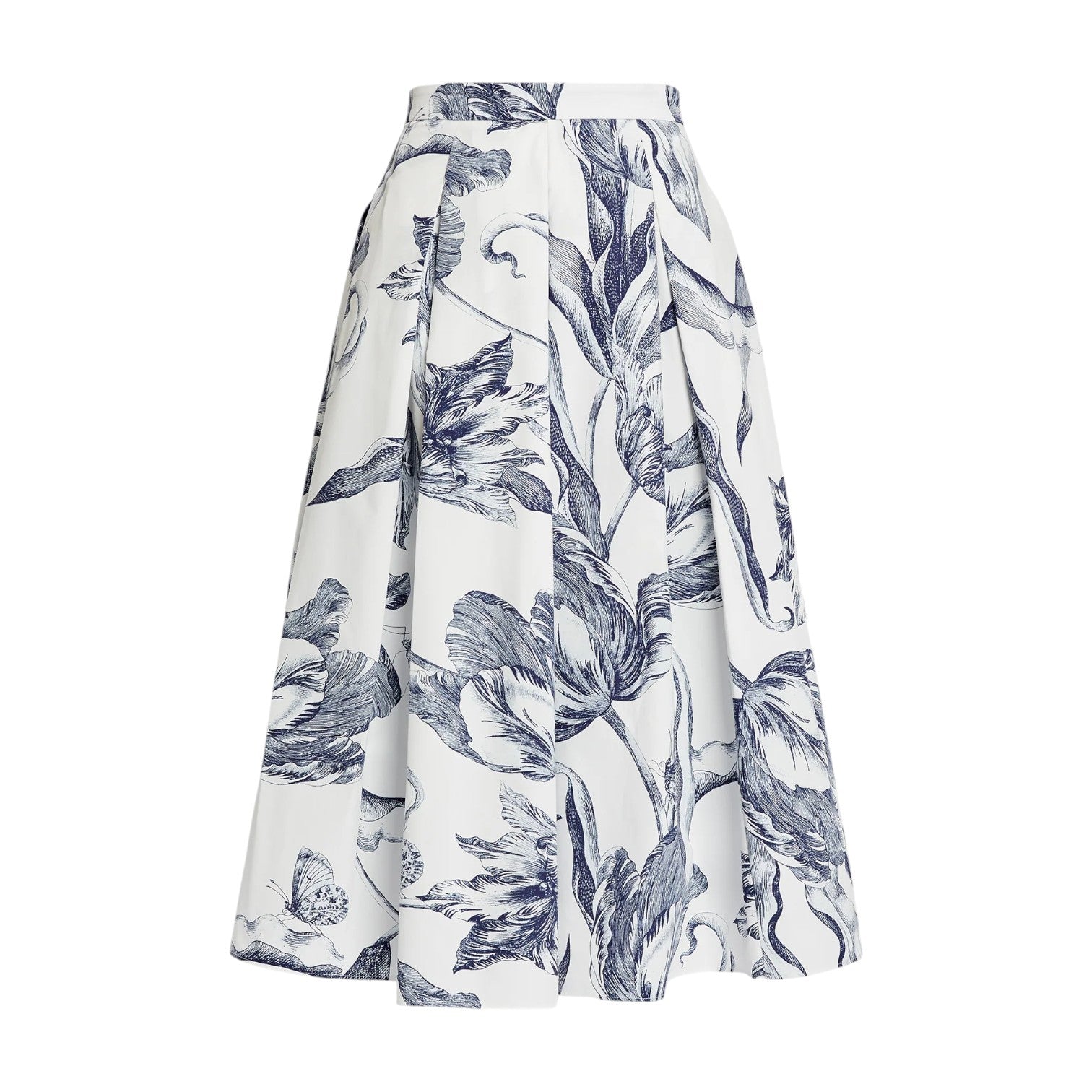 The "Botanical Engraving Pleated Midi Skirt" by Erdem is an ivory cotton poplin A-line skirt adorned with a blue botanical print of large leaves and flowers.