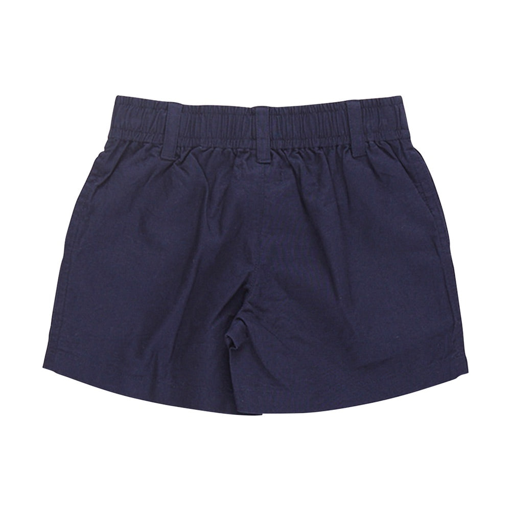 The Baby Boys’ Jackson Short by Pink Chicken features navy blue cotton canvas, a pull-on elastic waistband, and belt loops, shown on a white background.