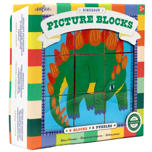 The Eeboo Dinosaur Picture Blocks set includes nine illustrated blocks featuring a vibrant stegosaurus design, ideal for children ages 2 and up.