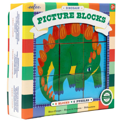 The Eeboo Dinosaur Picture Blocks set includes nine illustrated blocks featuring a vibrant stegosaurus design, ideal for children ages 2 and up.