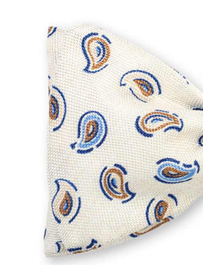 A close-up image of a beige fabric square with a blue and brown paisley pattern, reminiscent of the 57" long R. Hanauer Brinkley Pine Necktie made in the USA.