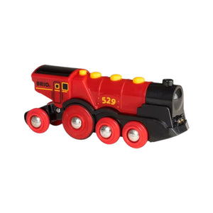 The Brio Mighty Red Action Locomotive is a classic red and black toy train engine with yellow accents, four sets of red wheels, and a retro design for timeless locomotive charm.