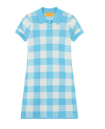The Gingham Polo Dress by Guest in Residence features short sleeves, a blue and white checkered pattern, a collar, and partial front button placket—a perfect summer knit dress.