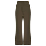 The Brody Pant by Callas Milano features dark olive green Italian stretch cotton twill, a mid-rise waist, straight wide legs, front seam details, and two front pockets, shown against a white background.