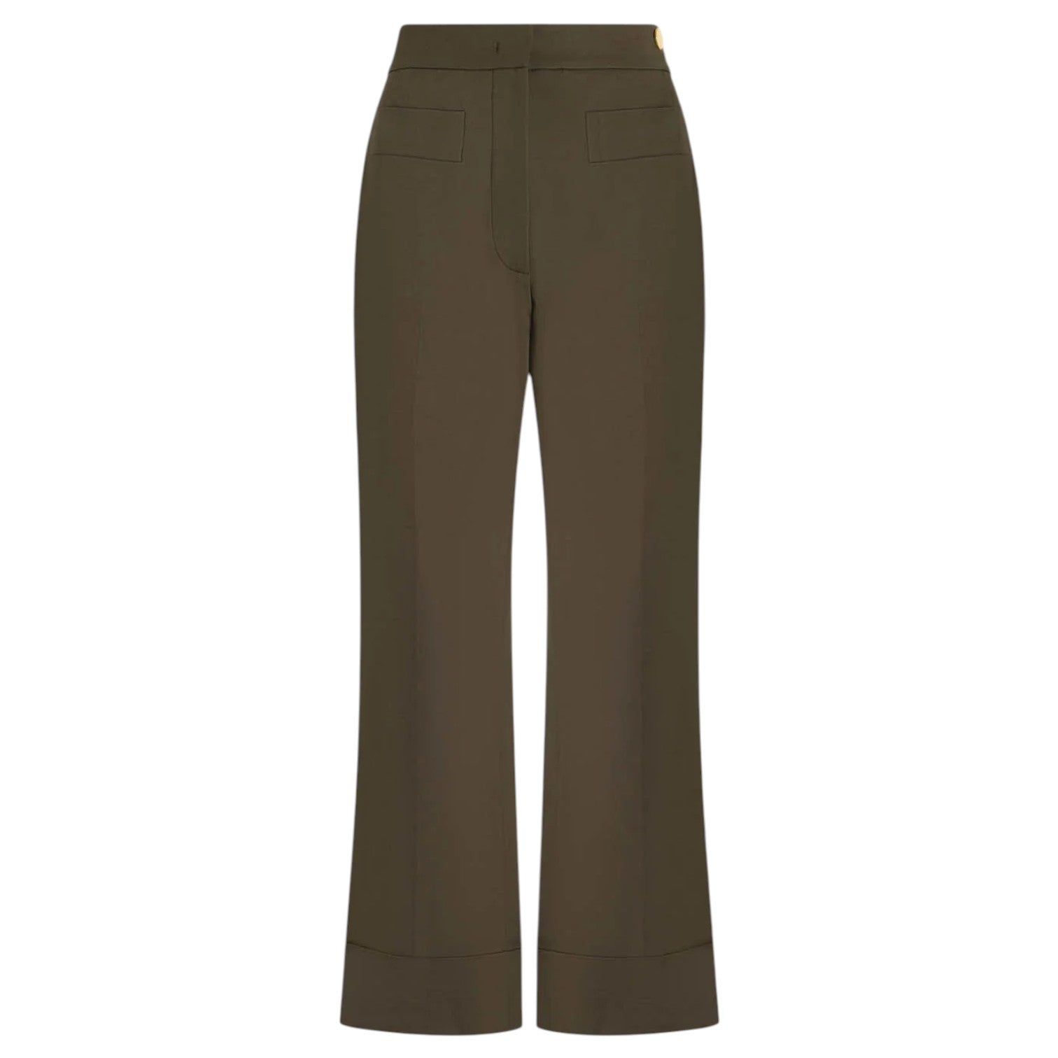 The Brody Pant by Callas Milano features dark olive green Italian stretch cotton twill, a mid-rise waist, straight wide legs, front seam details, and two front pockets, shown against a white background.