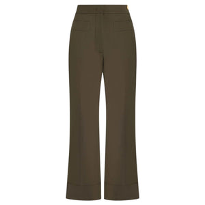 The Brody Pant by Callas Milano features dark olive green Italian stretch cotton twill, a mid-rise waist, straight wide legs, front seam details, and two front pockets, shown against a white background.