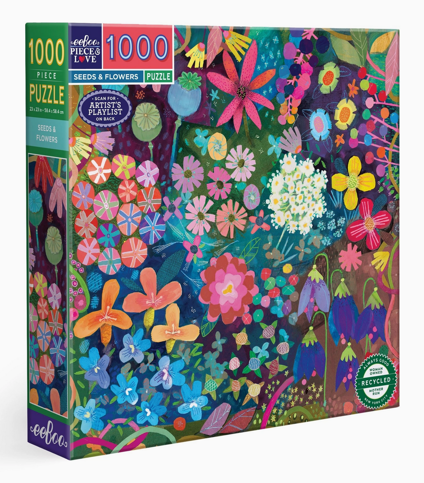 The Seeds & Flowers 1000 Piece Puzzle by Eeboo features a vibrant, illustrated floral design inspired by an early morning walk, with a variety of wild blooms.