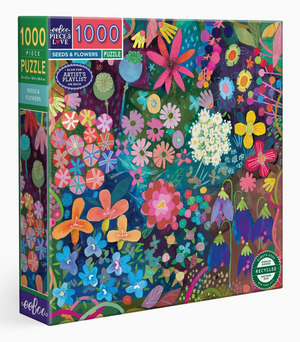 The Seeds & Flowers 1000 Piece Puzzle by Eeboo features a vibrant, illustrated floral design inspired by an early morning walk, with a variety of wild blooms.