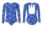 Pepita & Me Baby Girls' and Girls' Jess Longsleeve Rashguard: Blue one-piece swimsuit with white seashell and starfish print, UPF50+ sun protection, orange side ties, open back with neck tie. Front and back views shown.