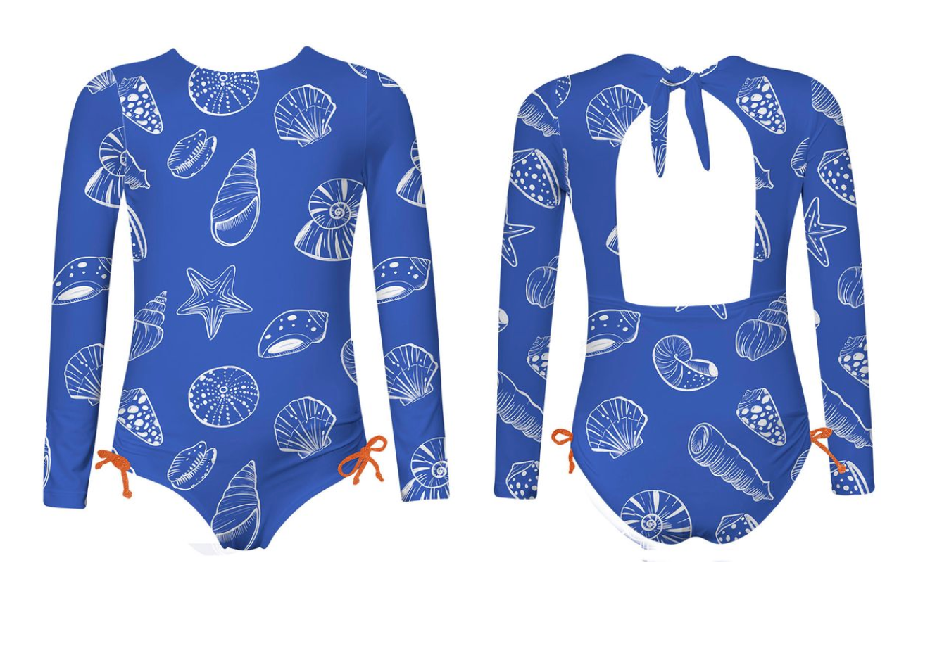 Pepita & Me Baby Girls' and Girls' Jess Longsleeve Rashguard: Blue one-piece swimsuit with white seashell and starfish print, UPF50+ sun protection, orange side ties, open back with neck tie. Front and back views shown.