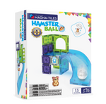 The Magnatiles Hamster Ball 13-Piece Set features 13 colorful magnetic pieces, a playful hamster illustration, and a clear magnetic hamster ball track—perfect for creative play for ages 3 to 99.