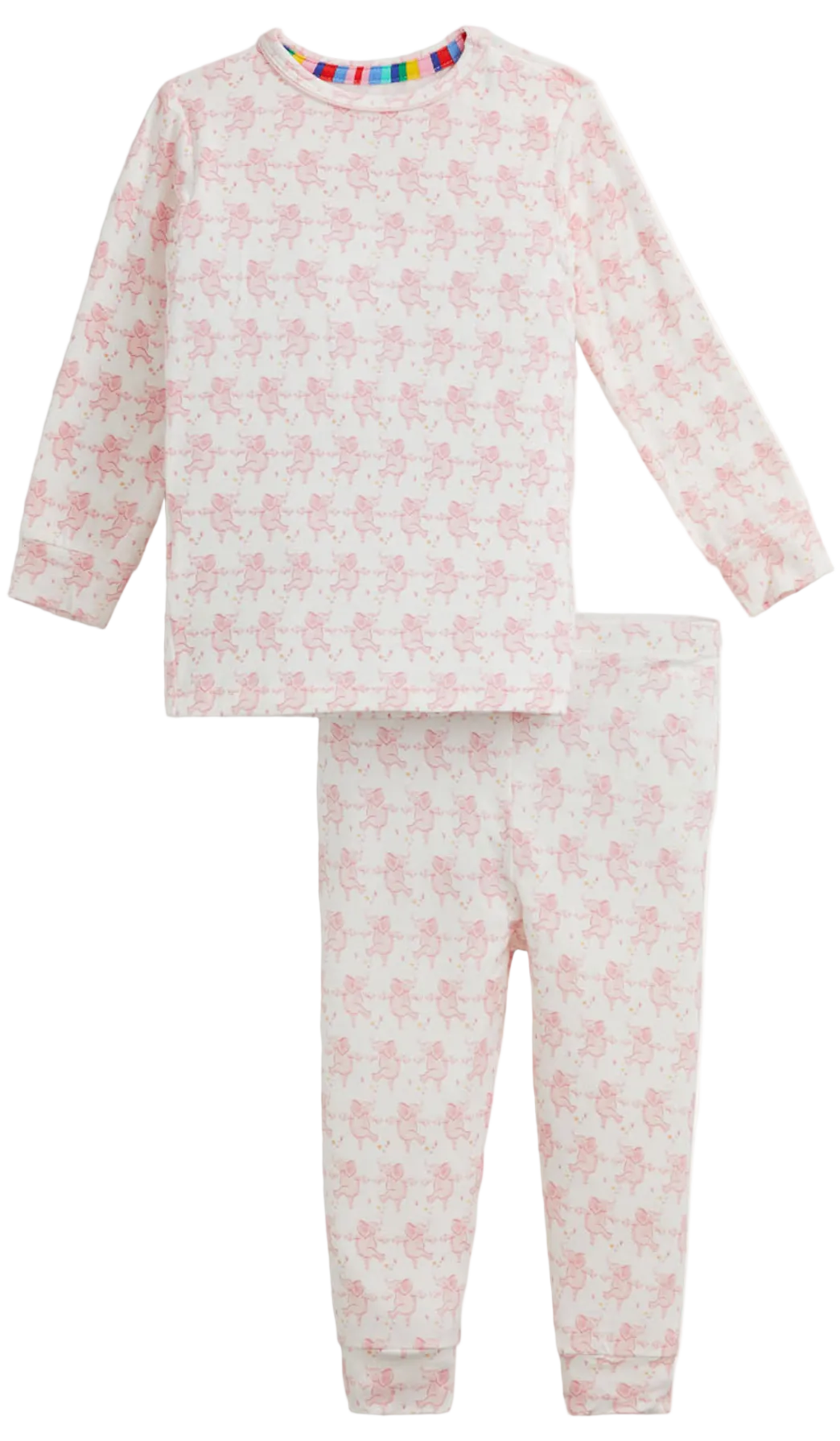 The Magnetic Me Baby and Kids’ Trunkettes Pajama Set features a long-sleeve top and matching pants, adorned with a light pink animal pattern and crafted from ultra-soft modal fabric for superior comfort. The set is shown against a white background.
