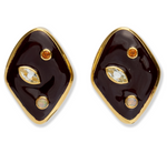 The Lizzie Fortunato Nico Dot Earrings are gold-plated brass studs with dark brown enamel centers, three gemstones each, and bold geometric shapes, making them a perfect statement accessory.