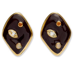 The Lizzie Fortunato Nico Dot Earrings are gold-plated brass studs with dark brown enamel centers, three gemstones each, and bold geometric shapes, making them a perfect statement accessory.