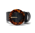 The Lizzie Fortunato Louise Belt features black leather, an oversized tortoise acrylic buckle, and a gleaming gold pin.