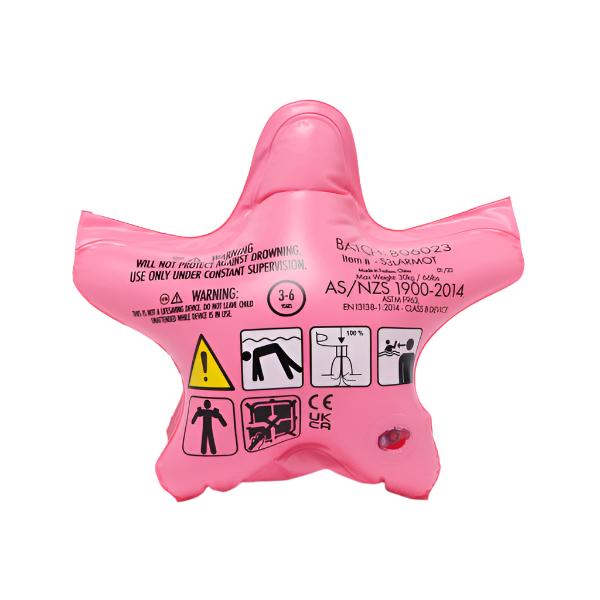 A pink Sunnylife Buddy Float Bands with safety warnings and age recommendations displayed, made from non-toxic Phthalate-free PVC.