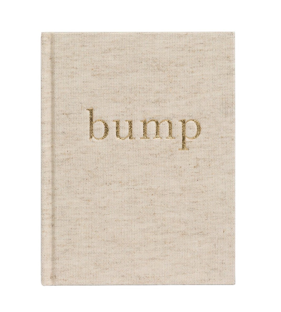 A beige fabric-covered pregnancy journal, named "Write to Me Bump A Pregnancy Story, Oatmeal" by Write To Me, features the word "bump" embossed in gold on its cover and is perfect for capturing every bump photo and weekly journal update.