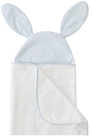 The Weezie Towels Bunny Hooded Towel, Blue Stripe, is a limited edition kids' towel with blue and white striped percale bunny ears on the hood and matching trim for added charm.