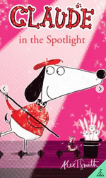 A lovable Claude dog, dressed in red, dances under spotlights on stage with a cane and magician’s hat, while white rabbits perform close by—capturing a delightful theatre adventure from “Yoto Card: Claude in the Spotlight” by Yoto.