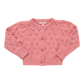The Pink Chicken Girls' Connie Sweater is a pink, long-sleeve pointelle cardigan featuring a textured heart pattern and glitter buttons, shown laid flat on a white background.