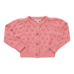 The Pink Chicken Girls' Connie Sweater is a pink, long-sleeve pointelle cardigan featuring a textured heart pattern and glitter buttons, shown laid flat on a white background.