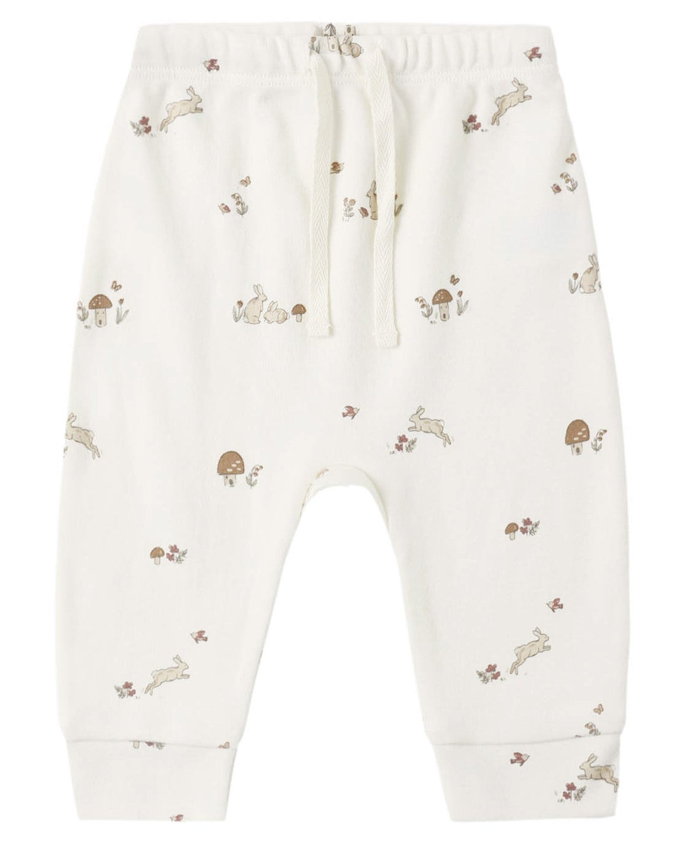 The Quincy Mae Baby and Kids’ Drawstring Pant features an elastic waistband with a drawstring, crafted from soft organic brushed jersey and adorned with delicate illustrations of rabbits, mushrooms, and flowers in muted brown and beige tones.