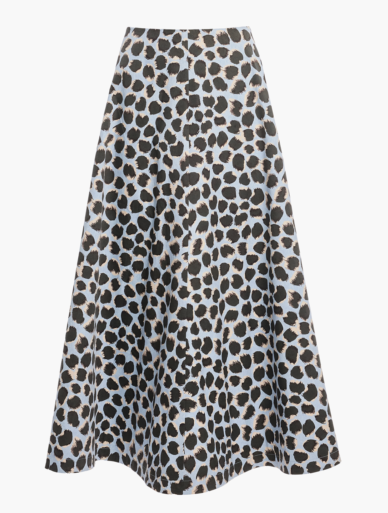 The Altuzarra Varda Skirt is an A-line silk midi skirt featuring a black and brown leopard print pattern on a light blue background, displayed on a plain white surface.