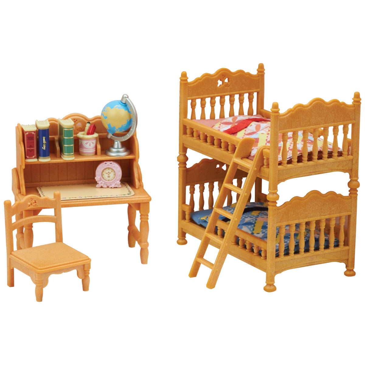 Create a charming Children’s Bedroom Set for your Calico Critters with this miniature dollhouse furniture set from the Children’s Bedroom Set collection. This set includes a wooden bunk bed, ladder, desk, chair, books, globe, and clock—all beautifully arranged against a crisp white background.