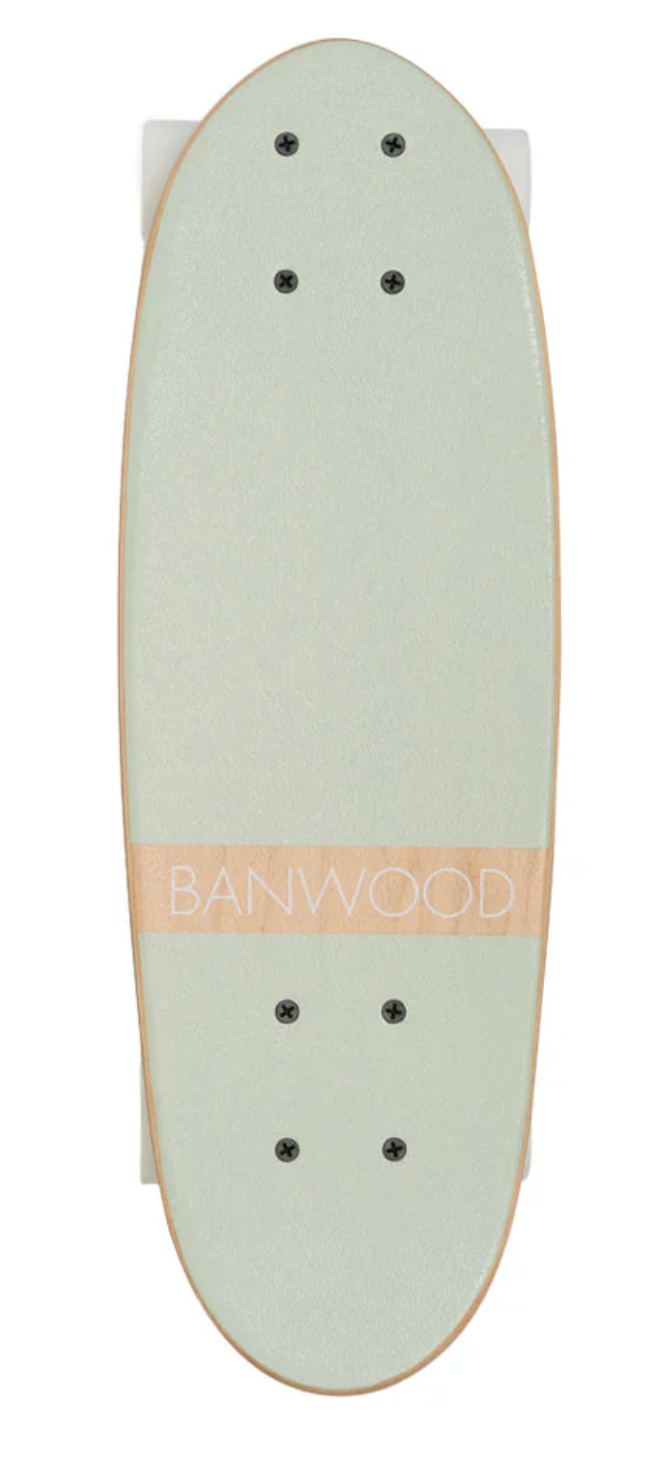 Top view of the Banwood Skateboard by Banwood, featuring a light green deck made from Canadian Maple with natural wood accents and black grip tape screws.