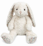 Faith Bunny - Large by Mon Ami is a plush white bunny with long floppy ears and floral fabric on its inner ears and feet—an adorable bunny plush, perfect as an Easter gift.