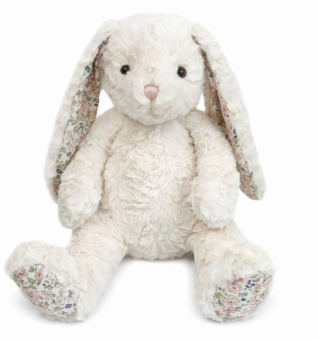 Faith Bunny - Large by Mon Ami is a plush white bunny with long floppy ears and floral fabric on its inner ears and feet—an adorable bunny plush, perfect as an Easter gift.