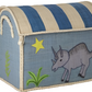 This handcrafted Rice Raffia Toy Basket by Rice, made from natural materials, features a blue and beige woven design with a striped lid. It is embellished with a painted dinosaur, a yellow star, and green plant motifs on its side, making it a charming addition to any storage basket collection.