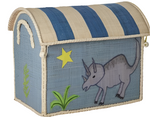 This handcrafted Rice Raffia Toy Basket by Rice, made from natural materials, features a blue and beige woven design with a striped lid. It is embellished with a painted dinosaur, a yellow star, and green plant motifs on its side, making it a charming addition to any storage basket collection.