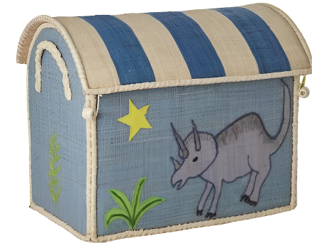 This handcrafted Rice Raffia Toy Basket by Rice, made from natural materials, features a blue and beige woven design with a striped lid. It is embellished with a painted dinosaur, a yellow star, and green plant motifs on its side, making it a charming addition to any storage basket collection.