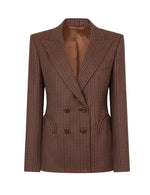 The Moat Charmer Blazer by Blaze Milano features a brown and burgundy houndstooth wool, peak lapels, hourglass cut, two pockets, and brown buttons on a plain background.